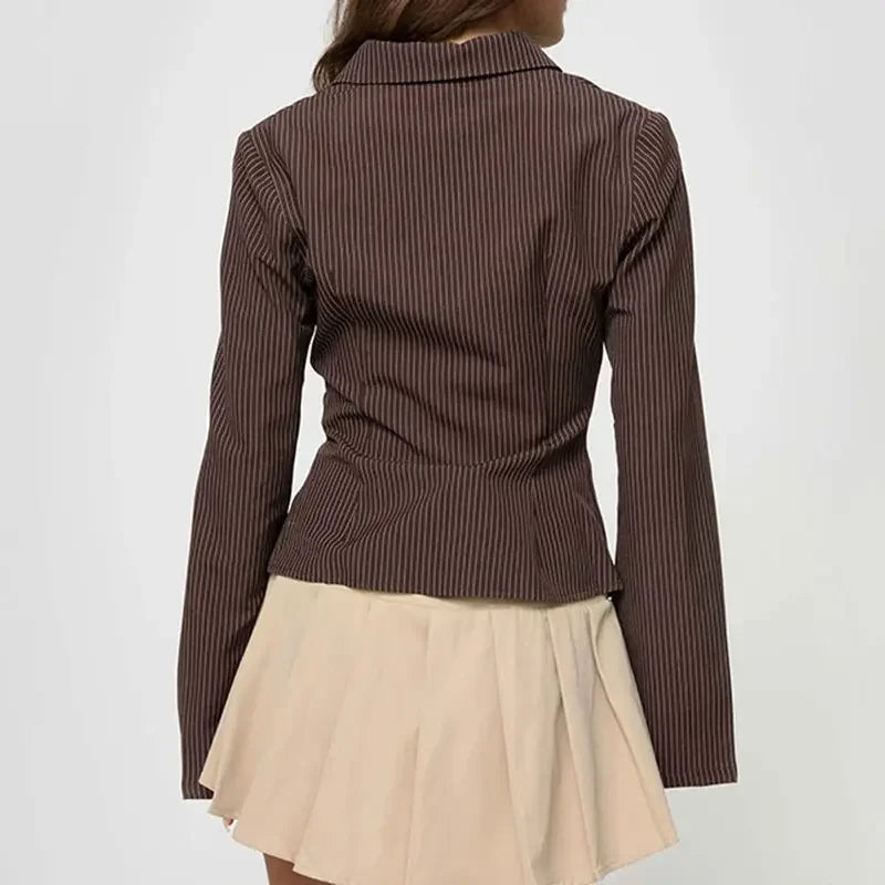 Brown Striped Vintage Women Shirt Y2K Harajuku Long Sleeve American Retro Button Blouses Slim Elegant Office Ladies